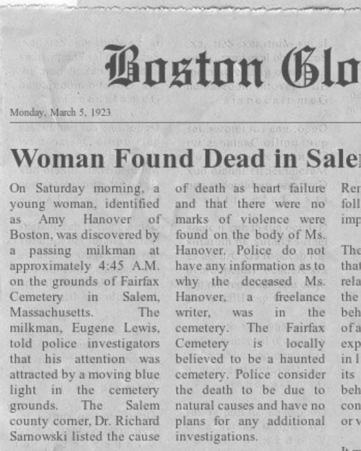 A fictional newspaper clipping from the Boston Globe dated 5 March 1923.